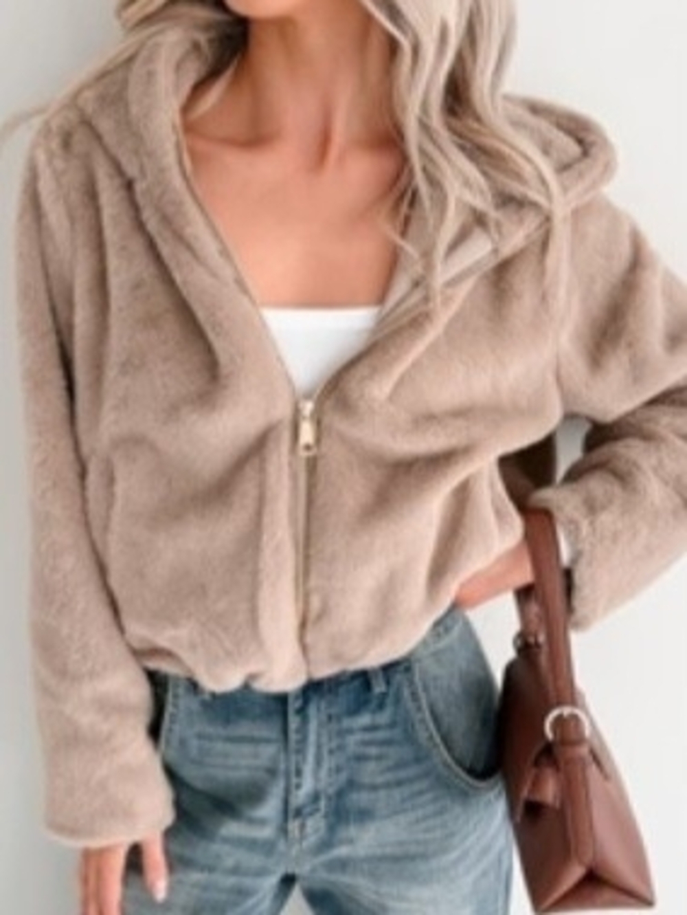 Plush Hooded Zip Jacket in Taupe